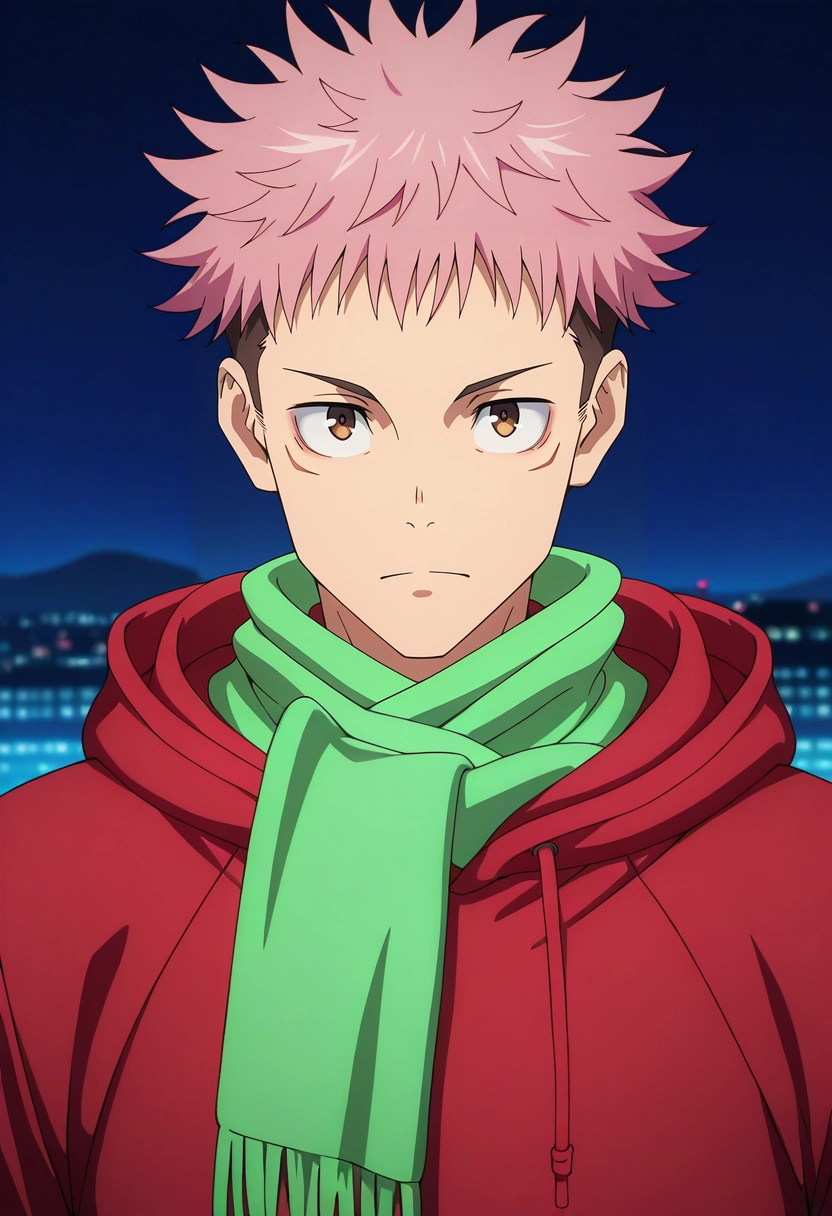 masterpiece, best quality, intricate details, anime screencap, , , looking at viewer, 1boy, solo, male focus, <lora:yuuji_itadori_ilxl:0.96>, yuuji_itadori, pink hair, brown eyes, short hair, undercut, spiked hair, red hoodie, , scarf,