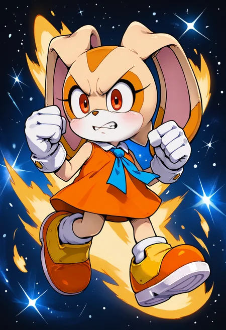 <lora:superFormAura_PDXL_Mlaofmd-09:1.0>, <lora:Cream The Rabbit PONYXL:1.0>, score_9, score_8_up, score_7_up, Cream The Rabbit, 1girl, solo, orange_dress, blue_necktie, orange_and_yellow_shoes, white_socks, white_gloves, gold_buttons, white_collar (red eyes, ((yellow fur)), superaura, super form, yellow aura, aura, fight stance, clenched hands, serious face, clenched teeth, galaxy, starry, galaxy background, looking at viewer, floating, full body,