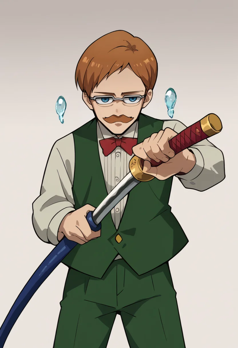 score_9, score_8_up, score_7_up, source_anime, 1boy, solo, Escanor, skinny, short hair, brown hair, mustache, blue eyes, glasses, white shirt, red bow, green vest, long sleeves, white sleeves, green pants, IncrsUnsheathingAKatanaMeme, sheath, holding sheath, <lora:ChamEscanorPonyXL:1.0>, <lora:KagurabachiPose_XLPD:1>