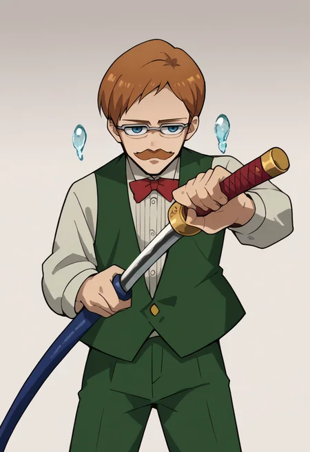 score_9, score_8_up, score_7_up, source_anime, 1boy, solo, Escanor, skinny, short hair, brown hair, mustache, blue eyes, glasses, white shirt, red bow, green vest, long sleeves, white sleeves, green pants, IncrsUnsheathingAKatanaMeme, sheath, holding sheath, <lora:ChamEscanorPonyXL:1.0>, <lora:KagurabachiPose_XLPD:1>