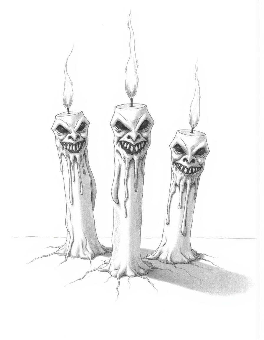 Halloween_Art_Style_Concept, A pencil drawing of three dripping, twisted candles with eerie, flickering flames. The wax appears to be melting into the shape of sinister faces, with sharp, hollow eyes and crooked grins. Cobwebs stretch between the candles, and the shadows they cast on the surface seem to twist and move like creeping creatures.