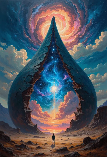 DB4RZ style painting dark art by Patrick McHale and Stephen Darbishire, Surreal cosmic scene, giant teardrop shaped planetary structure split open revealing colorful galaxy inside, small human figure for scale, barren alien landscape background, cosmic clouds in space above, vibrant colors transitioning from cool blues to warm oranges and pinks, highly detailed stellar formations, Streams of pure cobalt blue electron flow perfect one-dimensional channels of quantum conductivity, Perforated corten steel, polished micro-topping, and reclaimed chestnut,, Over the Garden Wall, dark fantasy, atmospheric storytelling, British landscape painting, Lake District scenes, atmospheric and moody landscapes