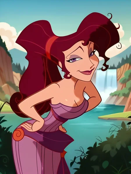 score_9, score_8_up, score_7_up, 1girl, naughty face, front, leaning forward, hands on hips, leaning forward, very happy, looking at viewer, lake, waterfall behind her, dynamic pose, cowboy shot,
<lora:AMeghanXLP_character:1>, MegXLP, purple eyes, red hair, high ponytail, makeup, purple dress, strapless, anime screencap,