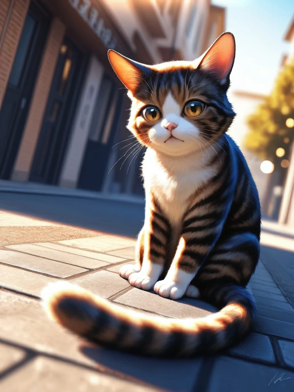masterpiece, best quality, amazing quality WaiIL25PosD dutch angle 1other animal cat sitting on street animal focus