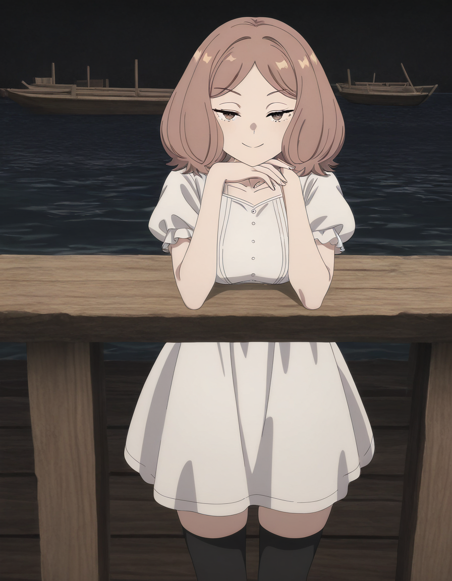 masterpiece, best quality, newest, absurdres, highres, safe,, <lora:mage-edel-s1-illustriousxl-lora-nochekaiser:1>, edel, brown hair, brown eyes, medium hair, medium breasts, anime screencap, thighhighs, dress, black thighhighs, white dress, short sleeves, puffy sleeves, puffy short sleeves, dock, water, boats, wood, mooring, smile, head rest, smug, looking at viewer, solo,, cowboy shot, solo