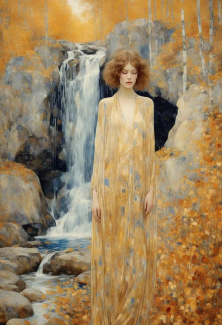 klimt style,1 girl yoga under a waterfall, horizon with big rock formations mountains in the background, transparent fabric wet fabric on a perfect girl model, solo ,masterpiece, full body girl, pale skin, bathing in a river, in a lush forest, real gold and blue color, autumn leaves