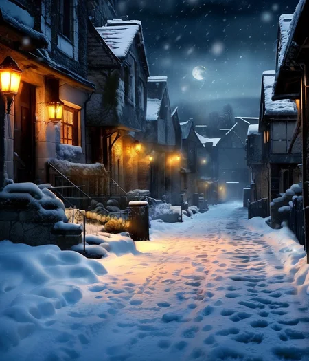 night sky, light, moon, clock <lora:DarkAlley:1> snowfall frost ice frozen icy path with footprints (icicles:1.4) hang from the eves the warm glow comes from the frosted windows starry night mooon_halo large (tall clocktower:1.3) winter (footprints:1.7) worn trail contrast detail dynamic lighting shadows warm cosy light from windows vanishing point road tyre tracks ((gold|orange|yellow) windows) road cobblestone tiled_roofs tudor_building_style Wattle and daub snowing snow covered iron_gate litchgate steeple weather vain path <lora:detail_slider_v4:3> <lora:epi_noiseoffset2:0.7> BREAK black cat foreground