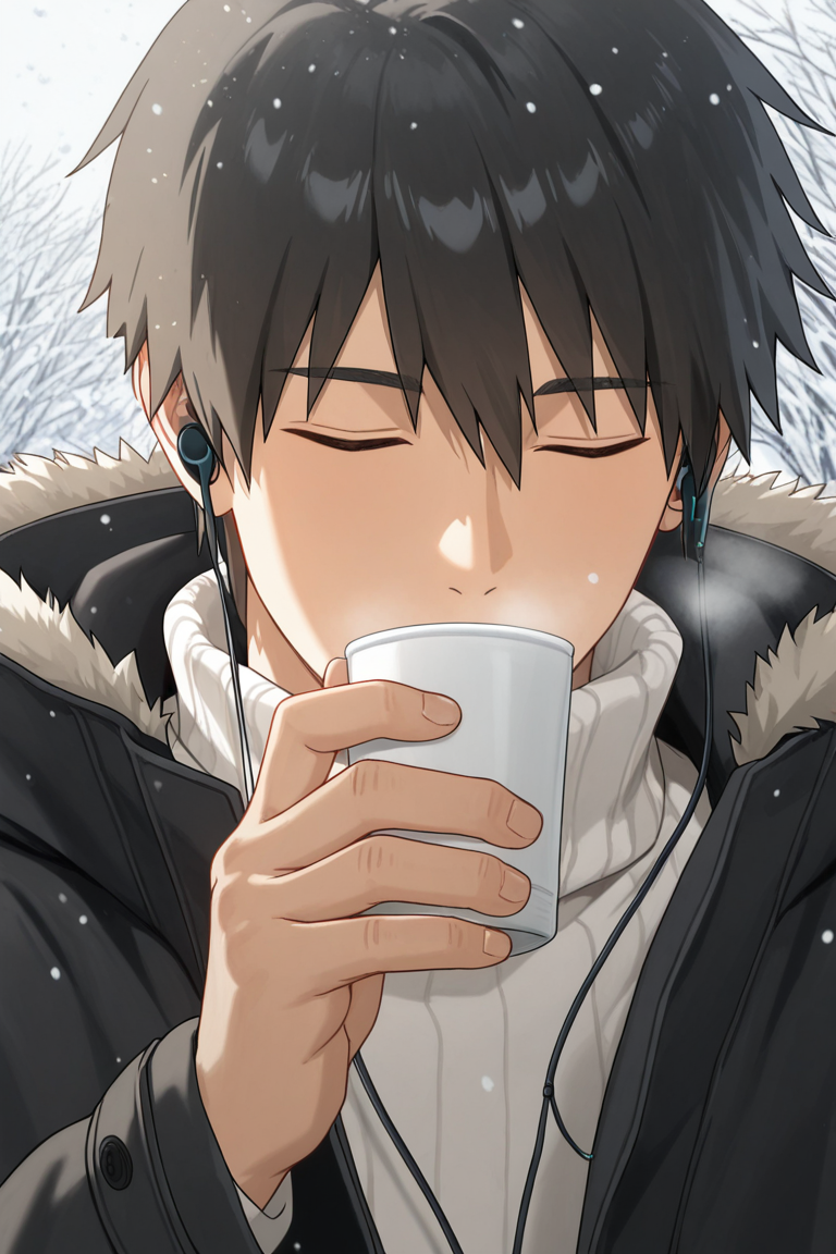 realistic shading, natural lighting, male focus, looking away, expressive face, doujouts, black_doujouts_male hair, closed eyes, 1boy, covered mouth, happy, shiny skin, holding, drinking cup of coffee, boyfriend cosplay, earphones, white turtleneck, black open coat, outdoors snowing, from below, dutch angle, dynamic angle, intricately detailed illustration, depth of field, masterpiece, best quality, amazing quality, very aesthetic, absurdres, newest, anime screencap