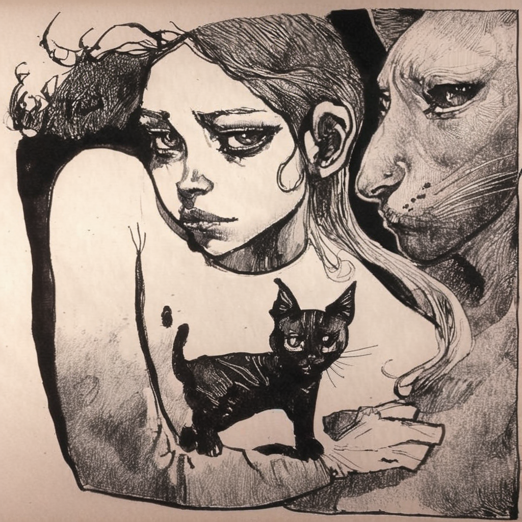 drawix20 girl and cat, very detailed, black ink <lora:drawix20:1>