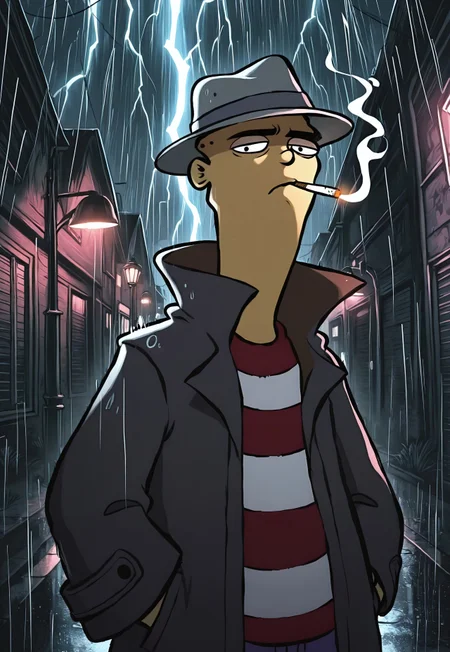 Masterpiece, best quality, 8k, newest, absurdres, highly detailed, 1boy, solo, edboi, white sclera, black pupils, mnbrow, grey fedora, black trenchcoat, striped red and white shirt, serious expression, smoking cigarette, leaning on lamppost, dark urban alley background, raining, lightning, street lights, noir vibe, detailed background, noir