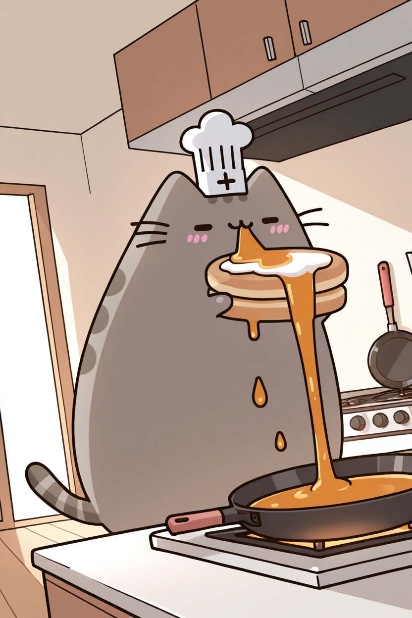 masterpiece, best quality,    pusheen, wearing a chef hat, cooking pancakes, syrup dripping, frying pan, messy kitchen, flour everywhere   ,<lora:PusheenIXL:1.0>,