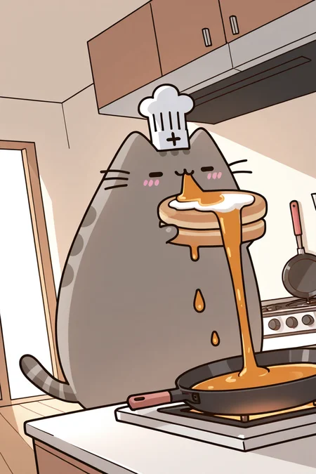 masterpiece, best quality, pusheen, wearing a chef hat, cooking pancakes, syrup dripping, frying pan, messy kitchen, flour everywhere ,<lora:PusheenIXL:1.0>,