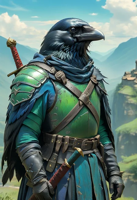 corvidfolk, holding a sword, blue and green armor, background sky over valley