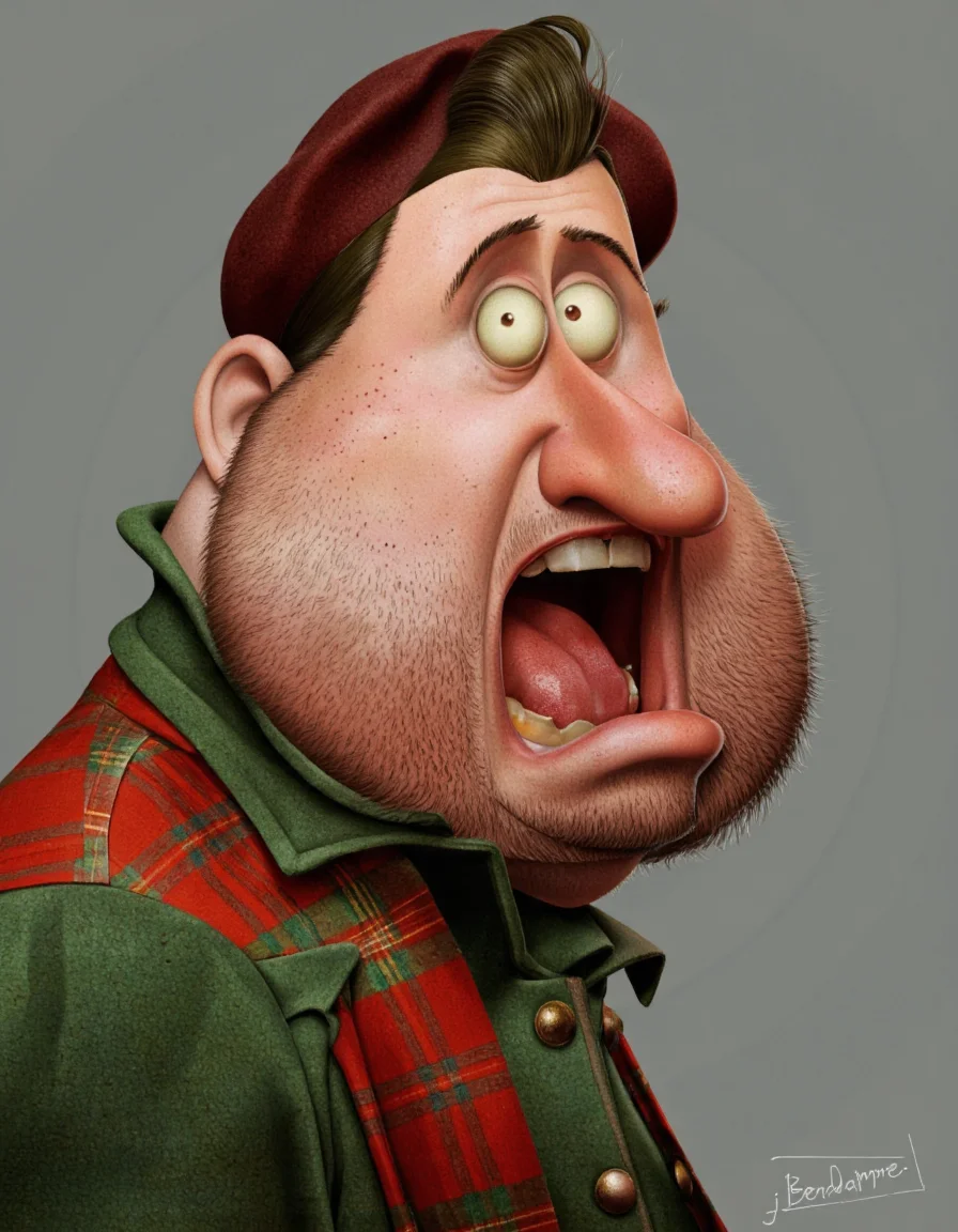 Art by Jean-Baptiste Vendamme. A digital illustration shoot from a frontal camera angle about a stylized cartoon character with a distressed expression, wearing a green coat and a red beret, set against a plain grey background. the image also shows text in the bottom right corner that reads "jbendamme". on the middle of the image, a man appears to be in his mid-twenties, with a muscular build and a wide, expressive face. he has short, dark green hair and large, round, yellow eyes. his facial expression is one of anger, with his mouth open and teeth visible. he is wearing a brown beret and a green jacket with a red and green plaid pattern.