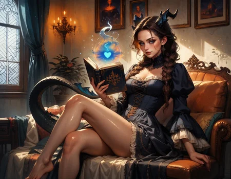 score_9, score_8_up, score_7_up, score_6_up, score_5_up, score_4_up,  1girl, sitting in living room, reading a book, elegant, Victorian outfit, mature woman, dragon girl, tall, skinny, feet, (black scales:1.2), dragon tail, erotic, seductive, sexy, thighs, horns, (glowing body, glowing heart:1.1), dark skin, black skin, evil smirk, luminescent, blush, freckles, bob hairstyle, braid, long hair, brown hair, shiny skin, black scales, laces, Victorian, skinny, thighs, magic bedroom, blue theme