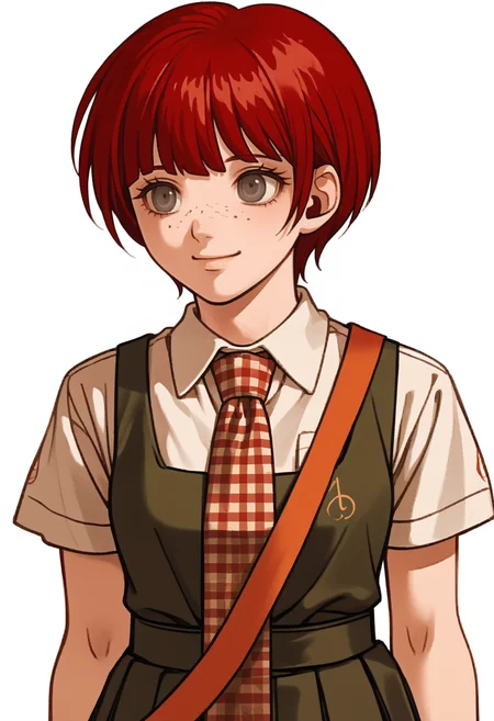 score_9, score_8_up, score_7_up, source_anime, 1girl, solo, smile,
<lora:zs_FE10PortraitsXL:1> fe10portraits, portrait, white background
<lora:MahiruDR-pdxl:1> defMahi, red hair, short hair, grey eyes, freckles, plaid necktie, white shirt, collared shirt, short sleeves, green pinafore dress, pleated skirt,