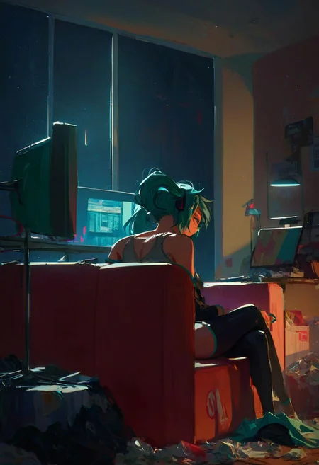 score_9, score_8_up, medium shoot, highres, 1girl, hatsune miku, bob hair expressionless, sitting, crossed legs,  indoors, night, on couch, messy room, trash, computer,