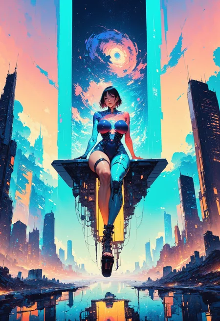 score_9, score_8, score_8_up, score_7_up, 1girl, sitting on the edge of a floating platform, futuristic city skyline in the distance, short neon-highlighted hair, glowing holographic map in hand, reflective bodysuit, looking over the city with determination, dynamic cyberpunk setting, big teardrop breasts