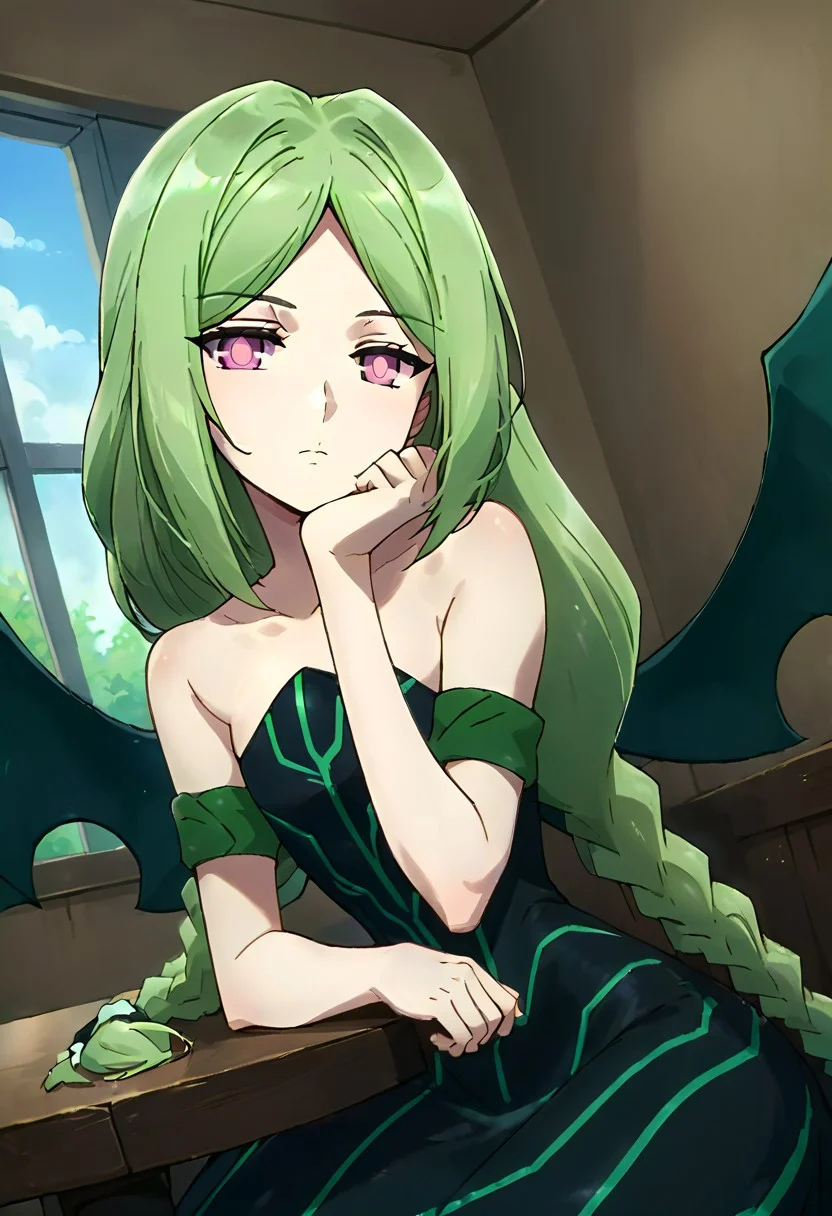 score_9, score_8_up, score_7_up, source_anime, 1girl, solo, momose kajitsu,Green hair, long hair, parted bangs, twin braids, pink eyes, small breasts, bare shoulders,Green striped black dress, long skirt,strapless, strapless dress,green armband, wings,indoors, expressionless, looking at viewer, solo, sitting, (head rest, table), cowboy shot, dutch angle,Japanese style room,window, solo,cowboy shot, dutch angle,