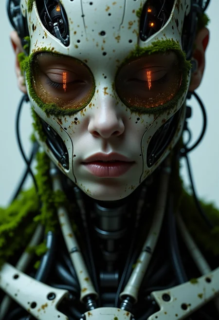 ajweathbo. Eerie head Closeup, A bleaked atmospheric Photo with neon orange glitches, a White robot Portrait of a exoskeleton girl. neon-mist, futuristic cyborg body with exposed wires, cables and mechanical parts, desolate weathered and overgrown with wet moss