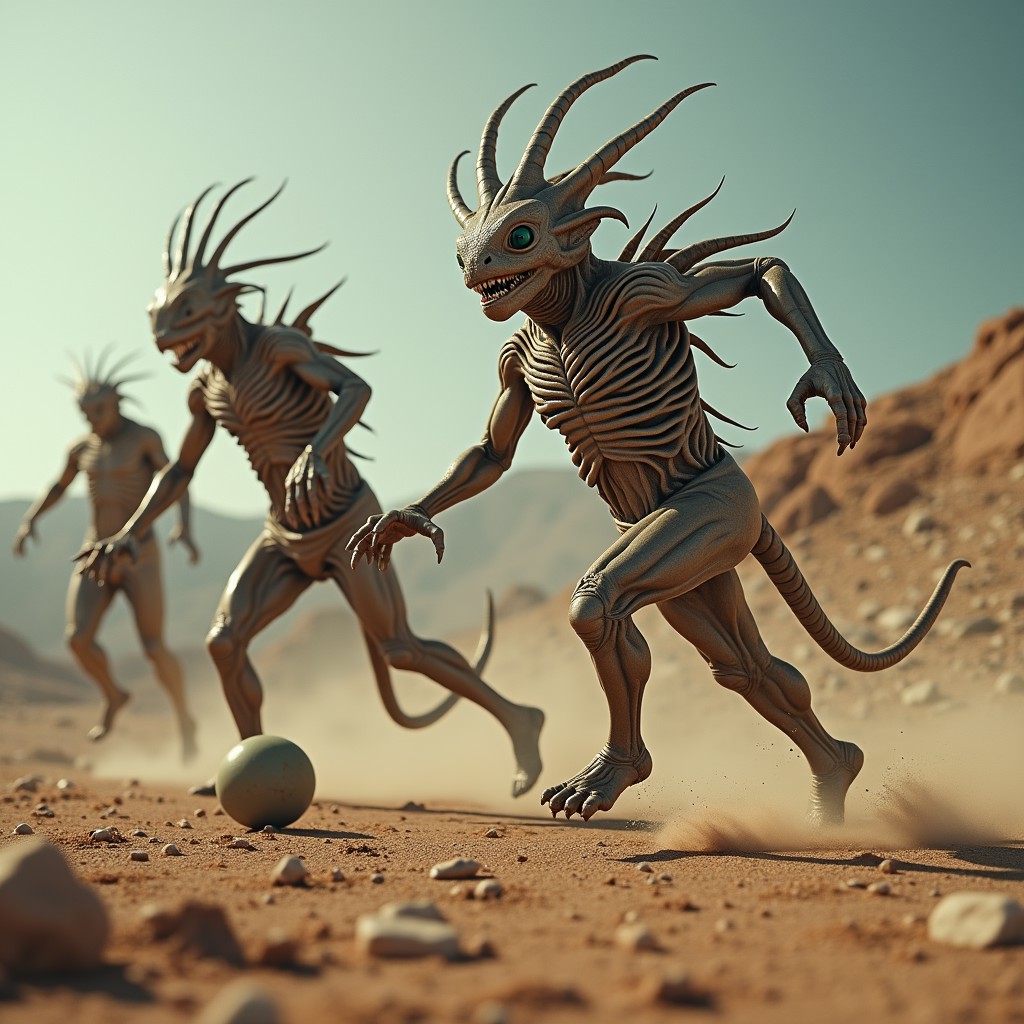 Bizarre alien creatures, athletes, playing a bizarre alien ball game, photo