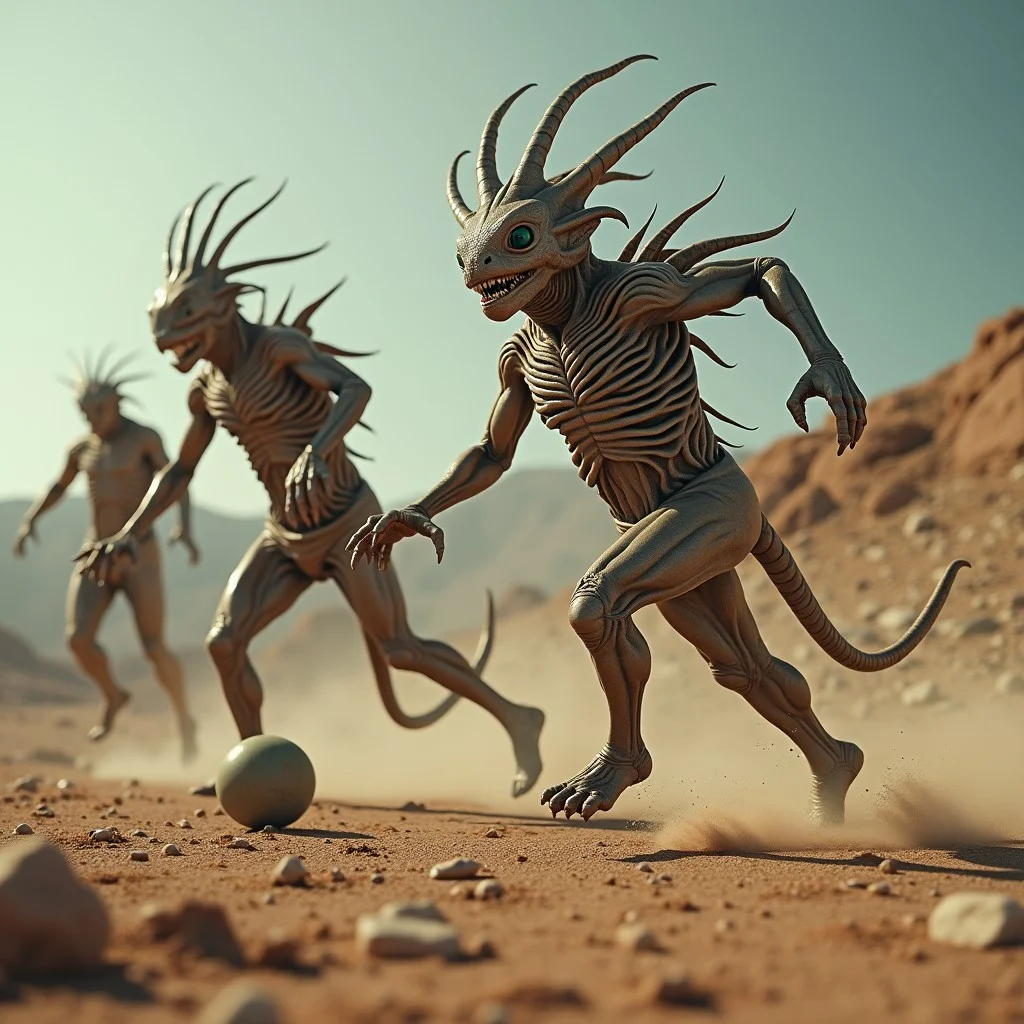 Bizarre alien creatures, athletes, playing a bizarre alien ball game, photo