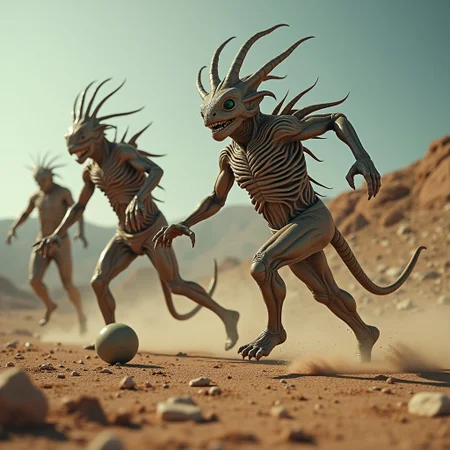 Bizarre alien creatures, athletes, playing a bizarre alien ball game, photo