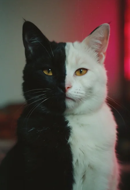 Vibrant Colorful, Realistic, analog photo, very detailed, photorealistic, 4k, photo of a  cat split exactly down the middle into a purely black and a purely white side, Realistic analog photo, atmospheric lighting, volumetric lighting, cinematic, Epic Film Quality, n30nfilm