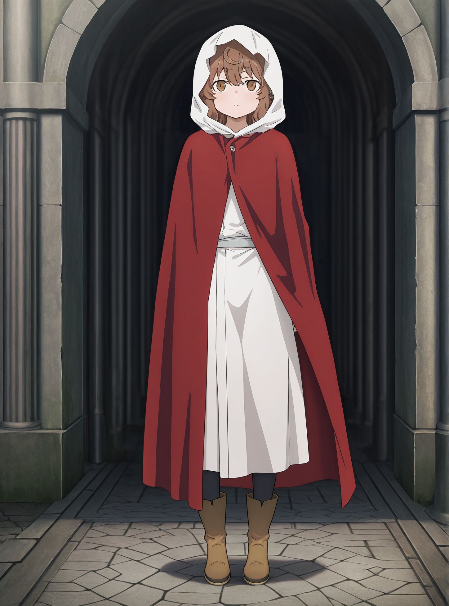 masterpiece,best quality,amazing quality,very aesthetic,absurdres,newest, huge filesize, <lora:spo_sdxl_10ep_4k-data_lora_webui:0.5>, <lora:add-detail-xl:1> 
fullmetal alchemist, official art, 
BREAK
<lora:DANMACHI_V3:1>
DANMACHI_V3,  brown hair, white hood, long white robe, 1girl, 
boots,  standing, hood up, full body, brown eyes, D_Liliruca ,red cape,