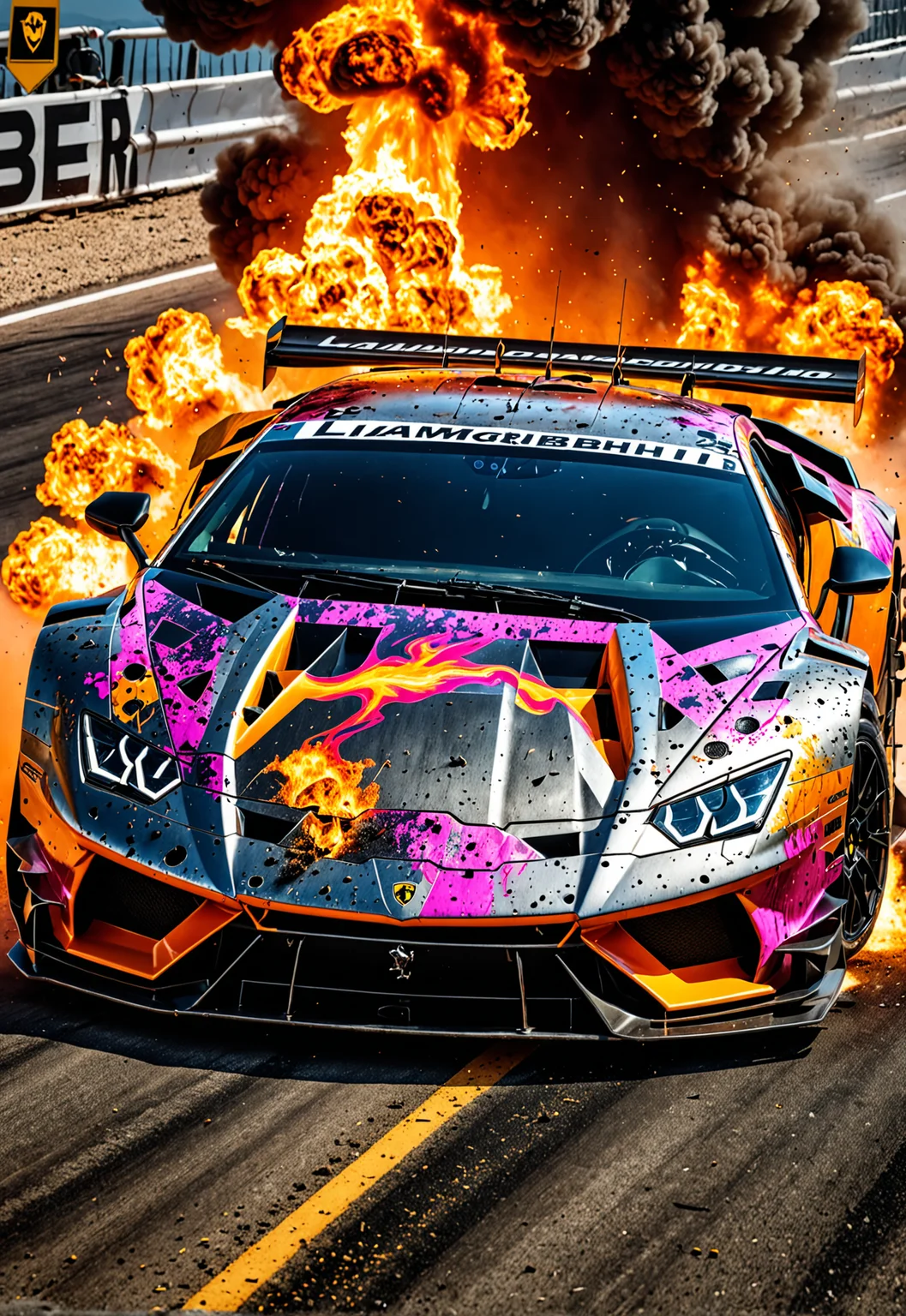 dynamic angle, masterpiece, award winning picture, Lamborghini DTM race car, Explosion, Car flipping, Crashing, accident, fire, futuristic background, hyper detailed, intricate, neon poster, epic, ultra detail, intricate details, UHD