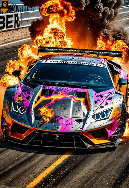 dynamic angle, masterpiece, award winning picture, Lamborghini DTM race car, Explosion, Car flipping, Crashing, accident, fire, futuristic background, hyper detailed, intricate, neon poster, epic, ultra detail, intricate details, UHD