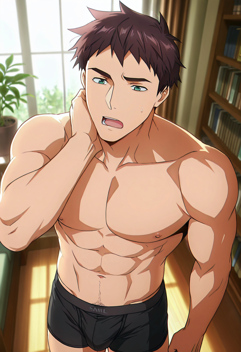 masterpiece, best quality, newest, absurdres, anime screencap, intricate details, good quality, very awa, highres, perfect proportions, perfect eyes, amazing quality, very aesthetic, 1boy, saij0u_l30nhard, brown_l30_hair, green_l30_eyes, solo, male focus, anime coloring, muscular male, expressive sleepy face, yawn, hand on own neck, modern living room, indoors, bookshelf, potted plant, morning, day, topless male, black boxer briefs, bara, pectorals, abs, navel, (navel hair:0.7), erection under clothes, from above, intricately detailed illustration, depth of field, <lora:Saijou_Leonhard_The_Irregular_at_Magic_High_School:1>