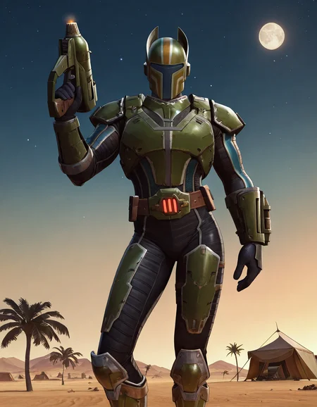 masterpiece, best quality, newest, perfect quality, intricate details, detailed background, male focus, realistic, solo, <lora:SWTOR - Rass Ordo - Illustrious-000005:0.7> rass_ordo, 1boy, mature male, helm, breastplate, shoulder armor, body suit, wrist bracers, gloves, belt, pants, armored knee boots, looking at viewer, contrapposto, outdoors, holding blaster, desert, palm trees, building, tents, evening, stars, moon, spacecraft