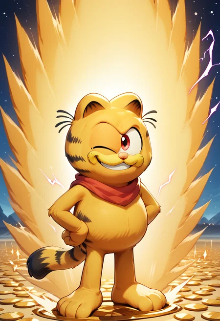 <lora:superSaiyanAura_PDXL_Mlaofmd-10:1.0>,<lora:Garfield_XL_Leaf1v2:1.0>, score_9, score_8_up, score_7_up, score_6_up, 1boy, no humans, solo, Garfield, (gold yellow fur:1.5), floating fur, red eyes, cat ears, barefoot, standing, hand on hip, clenched hand, supersaiyanaura, power, aura, sharp aura, electricity, looking at viewer, smile, wink, galaxy, starry, galaxy background,
