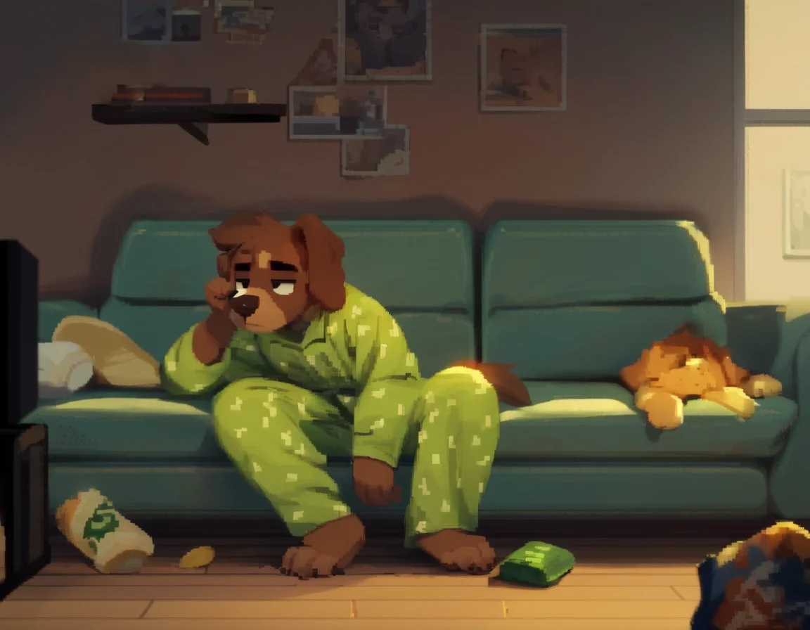 source_furry,
furry dog, brown fur, sitting on a green sofa, sitting, green sofa, watching TV, night time, tv light, wearing pajamas, pajamas, tired, bored, remote in hand, slouching, potato chips crumbs on floor, adult, floppy ears, dark room, gloomy, male
<lora:Tails Noir - Urban Pixels:1> t4ils_n0ir, pixel_art, score_9, score_8_up, score_7_up, score_6_up, score_5_up,