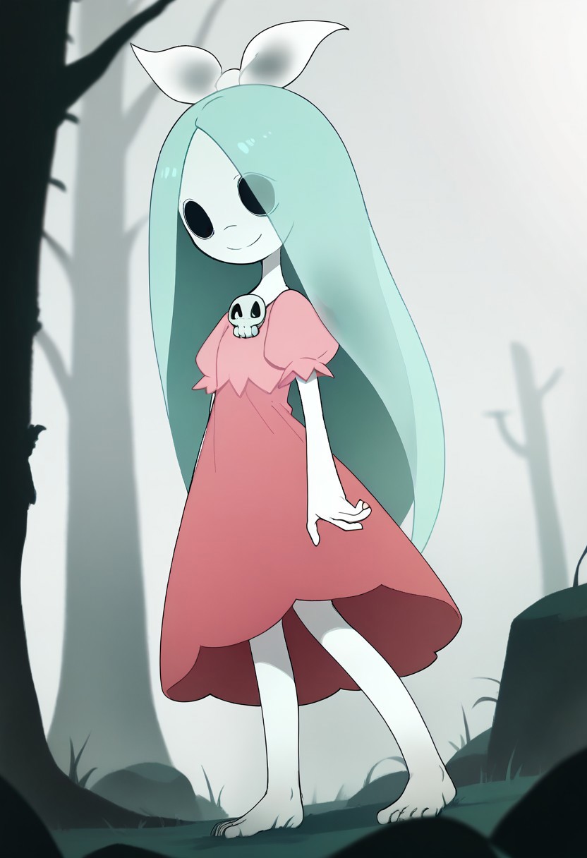 score_9, score_8_up, score_7_up BREAK Dthgrl, 1girl, ghost, pale skin, black hollow eyes, cyan hair, white bow, pink dress with skull brooch, barefoot, smiling at viewer,