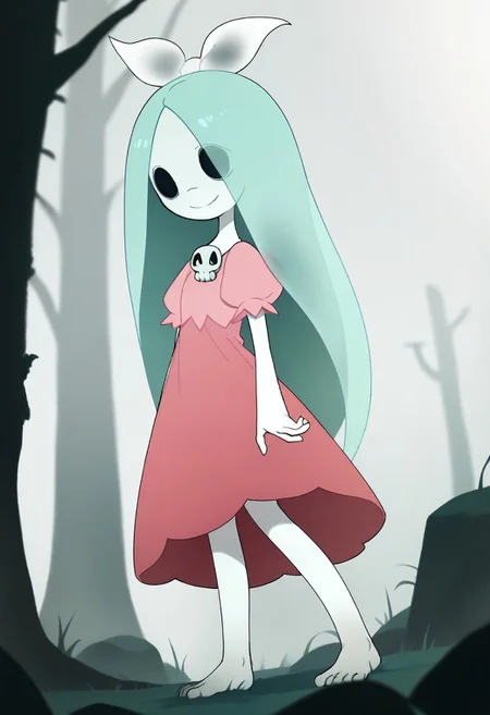 score_9, score_8_up, score_7_up BREAK Dthgrl, 1girl, ghost, pale skin, black hollow eyes, cyan hair, white bow, pink dress with skull brooch, barefoot, smiling at viewer,