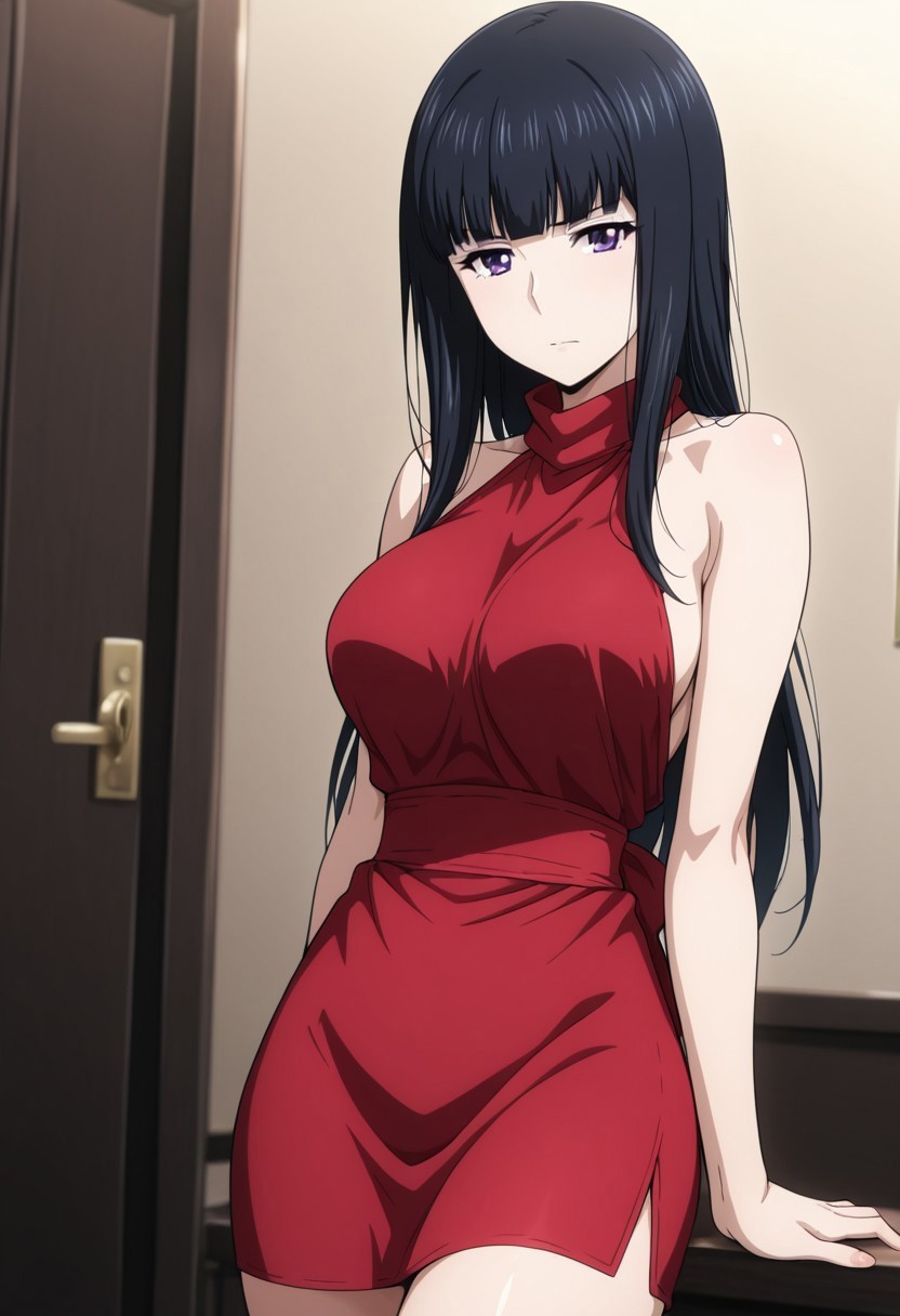 masterpiece, best quality, amazing quality,1girl, solo, BREAK
mitsukadokb,black hair,long hair,purple eyes,red sleeveless dress,
BREAK
,cowboy shot