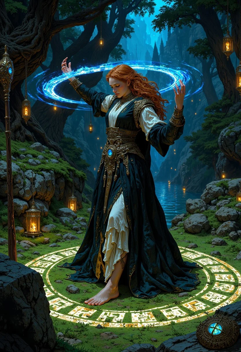 The sorceress performs a ritual dance in a sacred glade, her bare feet gliding over glowing runes etched into the mossy ground. Her long robe has slits up the sides, revealing graceful movements as she twirls, her ginger hair catching the light of floating lanterns above. Her freckled face is serene, and her blue eyes are closed in concentration. A ring of ethereal blue fire encircles her, responding to her magic, while the surrounding trees shimmer with an enchanted glow. Her staff, adorned with a crystalline orb, rests against a nearby stone.