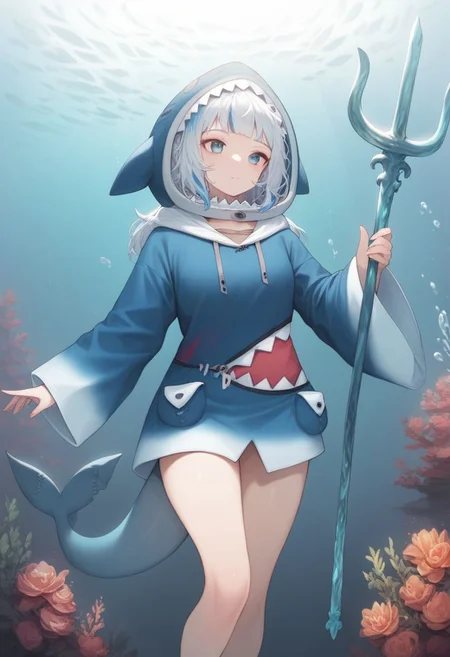 score_9, score_8_up, score_7_up, read_description, highly detailed, 1girl, ((solo)), (underwater depths), gawr gura, blue hoodie, shark hood, shark tail hand extended forward, holding trident, 
 <lora:depths-fC_v1.1:0.75>