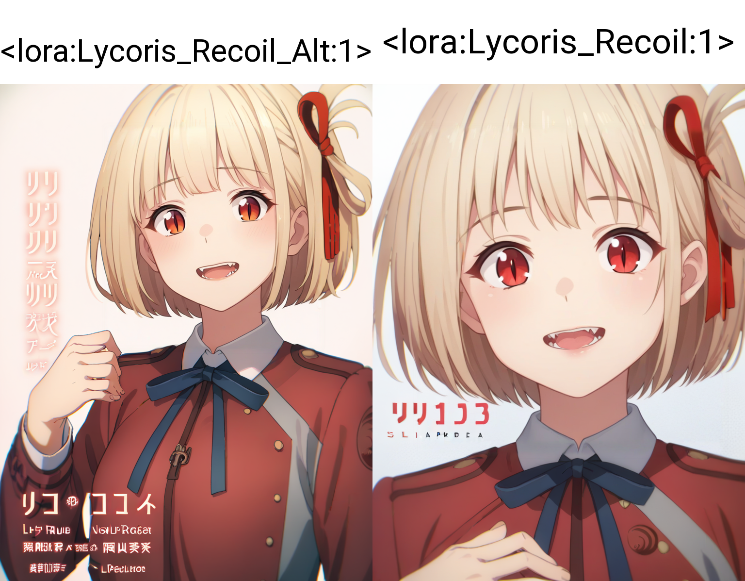 score_9, score_8_up, score_7_up, score_6_up, score_5_up,
1girl, ribbon, solo, blonde_hair, red_eyes, hair_ribbon, red_ribbon, short_hair, upper_body, bangs, smile, blue_ribbon, open_mouth, red_dress, looking_at_viewer, two-tone_dress, neck_ribbon, hand_on_own_chest, teeth, white_background, upper_teeth, :d, dress, school_uniform, bob_cut, shirt, collared_shirt, copyright_name, long_sleeves, white_shirt, simple_background, one_side_up, character_name, grey_dress
 <lora:Lycoris_Recoil_Alt:1>,