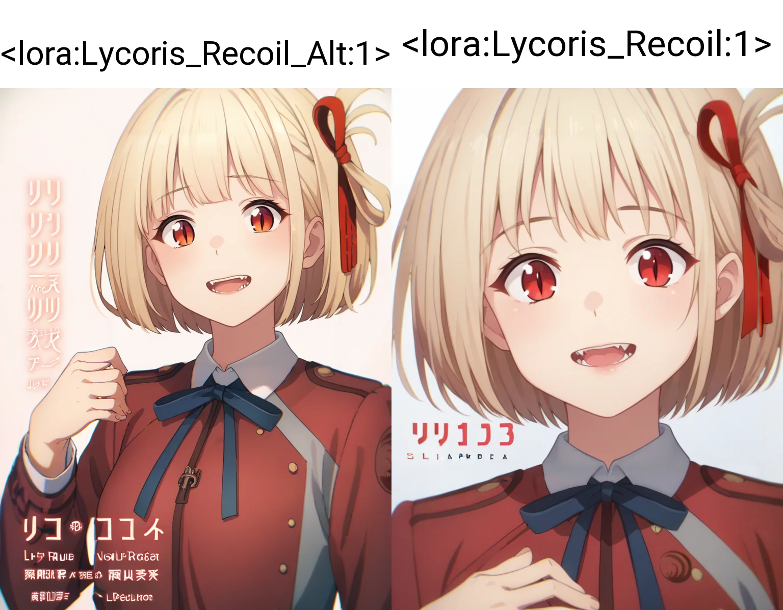 score_9, score_8_up, score_7_up, score_6_up, score_5_up,
1girl, ribbon, solo, blonde_hair, red_eyes, hair_ribbon, red_ribbon, short_hair, upper_body, bangs, smile, blue_ribbon, open_mouth, red_dress, looking_at_viewer, two-tone_dress, neck_ribbon, hand_on_own_chest, teeth, white_background, upper_teeth, :d, dress, school_uniform, bob_cut, shirt, collared_shirt, copyright_name, long_sleeves, white_shirt, simple_background, one_side_up, character_name, grey_dress
<lora:Lycoris_Recoil_Alt:1>,