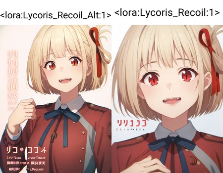 score_9, score_8_up, score_7_up, score_6_up, score_5_up,
1girl, ribbon, solo, blonde_hair, red_eyes, hair_ribbon, red_ribbon, short_hair, upper_body, bangs, smile, blue_ribbon, open_mouth, red_dress, looking_at_viewer, two-tone_dress, neck_ribbon, hand_on_own_chest, teeth, white_background, upper_teeth, :d, dress, school_uniform, bob_cut, shirt, collared_shirt, copyright_name, long_sleeves, white_shirt, simple_background, one_side_up, character_name, grey_dress
 <lora:Lycoris_Recoil_Alt:1>,