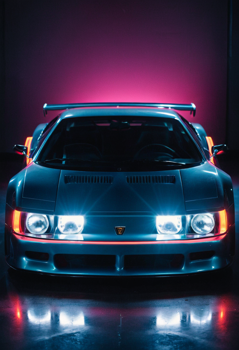 ClassicSportsCar, gleaming prototype, symmetrical front view, bright headlights, neon lights, glass background, light reflections, 4K, highly detailed, (stylish grainy analog 35mm film photo:1.2)