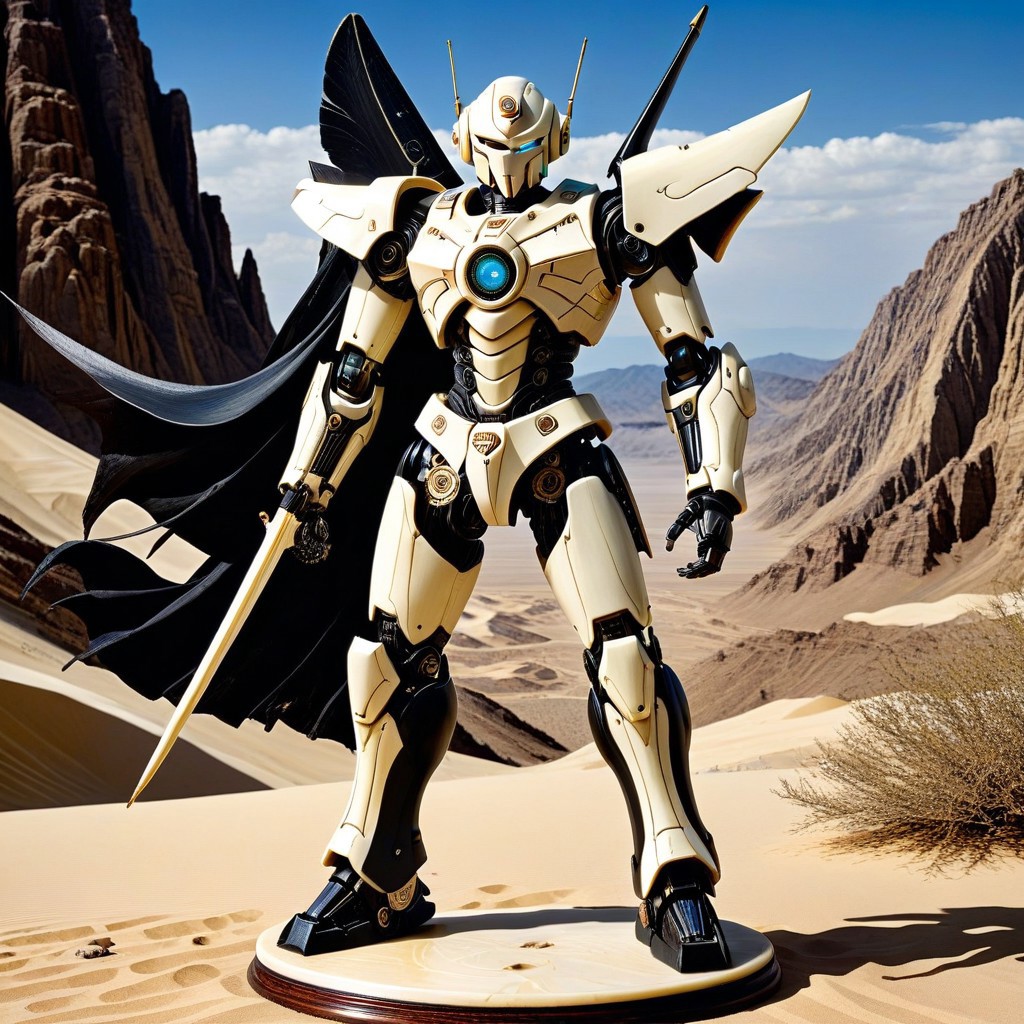 made out of, ebony, ivory, scrimshaw, bone carving, mecha, standing, pose, super robot anime, anime style,  desert mountain, 2d high score, masterpiece, best quality, absurdres,