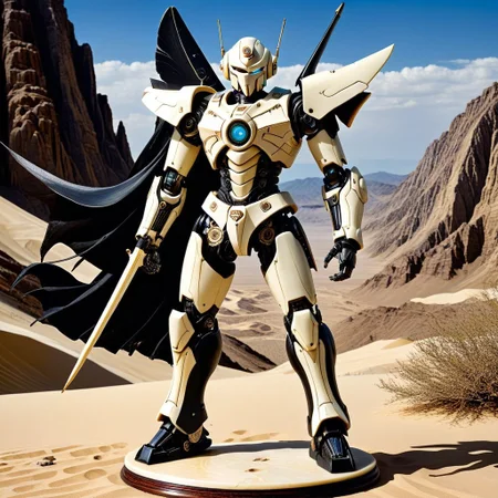 made out of, ebony, ivory, scrimshaw, bone carving, mecha, standing, pose, super robot anime, anime style, desert mountain, 2d high score, masterpiece, best quality, absurdres,