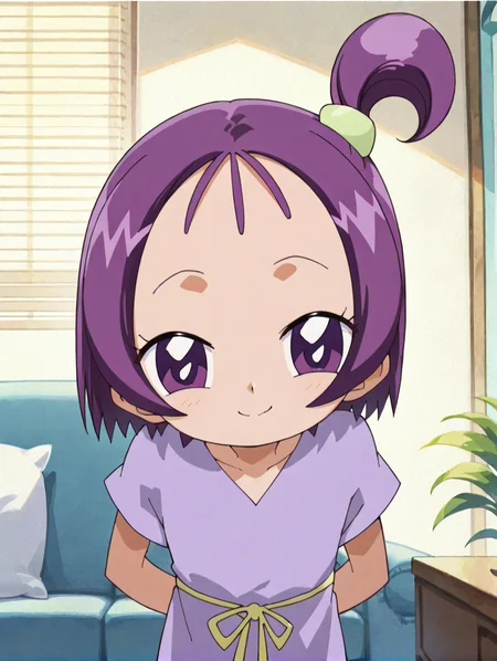 score_9, score_8_up, score_7_up, score_6_up, score_5_up, score_4_up,source_anime,anime screencap,1girl,flat chested,glistening body,shiny_skin,dewy skin,BREAK
<lora:onpuchan_v3:0.9> onpusegawa, short hair, purple hair, one side up, purple eyes, hair ornament, shirt, dress,smile,hands behind back,living room,head tilt,looking at viewer, close-up,face focus, leaning forward,front view, inside,