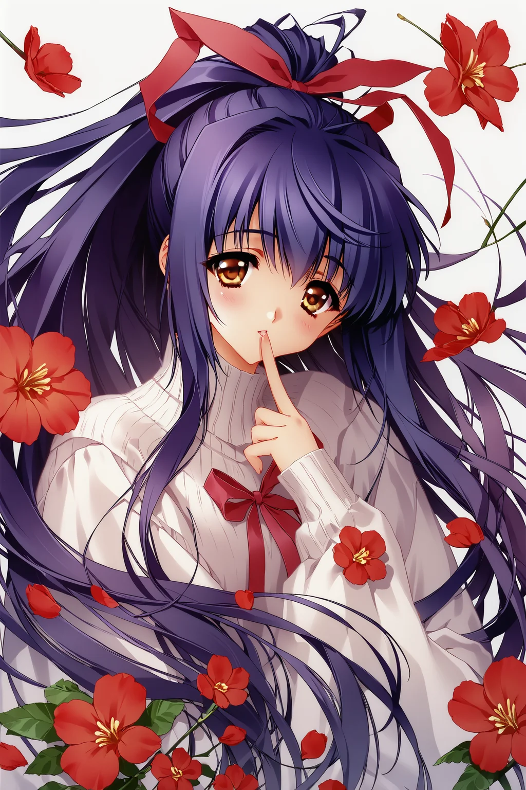 score_9,score_8_up,score_7_up,masterpiece,best quality,
Carnelian Style,
Kuraki Suzuna,1girl,solo,long hair,flower,ribbon,very long hair,hair ribbon,finger to mouth,purple hair,camellia,ponytail,brown eyes,long sleeves,white background,simple background,blue hair,bow,turtleneck,red flower,upper body,
<lora:mix_XL_PONY:0.9>,