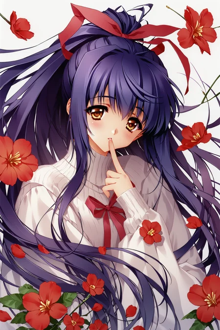 score_9,score_8_up,score_7_up,masterpiece,best quality,
Carnelian Style,
Kuraki Suzuna,1girl,solo,long hair,flower,ribbon,very long hair,hair ribbon,finger to mouth,purple hair,camellia,ponytail,brown eyes,long sleeves,white background,simple background,blue hair,bow,turtleneck,red flower,upper body,
<lora:mix_XL_PONY:0.9>,