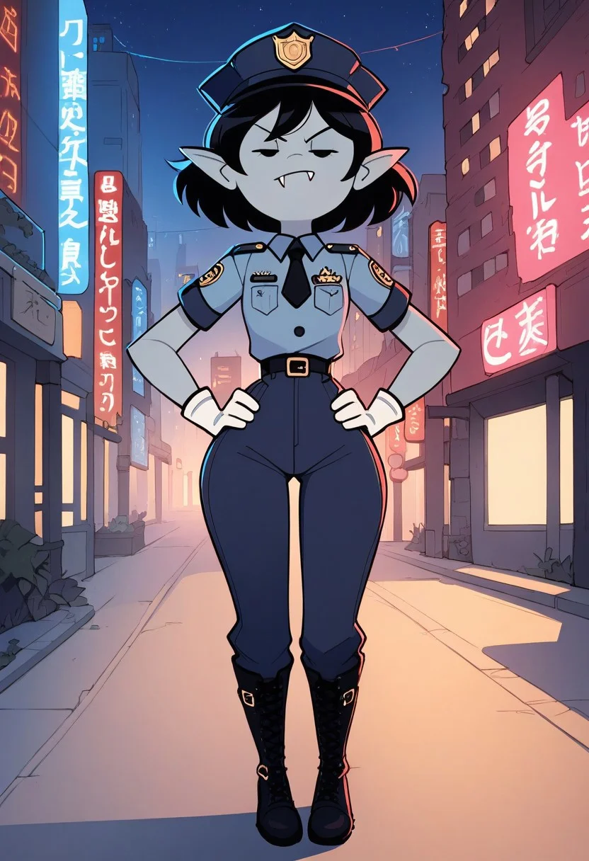 (score_9 | score_8_up | score_7_up)
((masterpiece:1))(best quality,very high quality,ultra detailed:1.2)
(2D,anime style:1)(lora:add-detail-xl:1)(Smooth:2)(clean blurring)
(four fingers on each hand,one thumb on each hand:1)
(detailed hands:1)(extra detailed,realistic eyes)
(solo,alone,one character)(anatomically correct)
(detailed face and eyes:1)(precise face and eyes:1)
|
(outdoors,city background,city backdrop,city at night,city streets,neon lights,moon)
(front view,full body view)
(closed mouth,half lidded eyes,hands on hips) 
(looking at viewer,annoyed,unamused)
(police uniform:1)(police hat,blue shirt,white gloves,blue pants,black boots)
|
(marci,grey skin,black hair,short hair,dot eyes,fangs,pointy ears)
(flat chest,thin arms,skinny waist,narrow waist,skinny thighs,skinny legs)